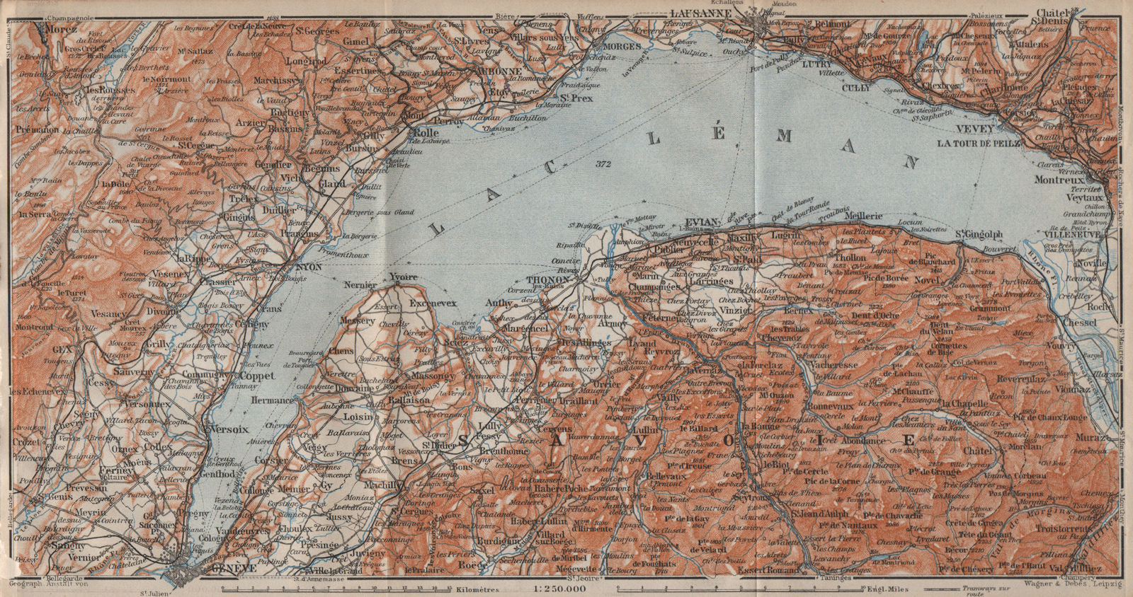 LAKE GENEVA/LAC LÉMAN. St Cergue Chatel St Jean d'Aulph Lausanne Evian 1913 map